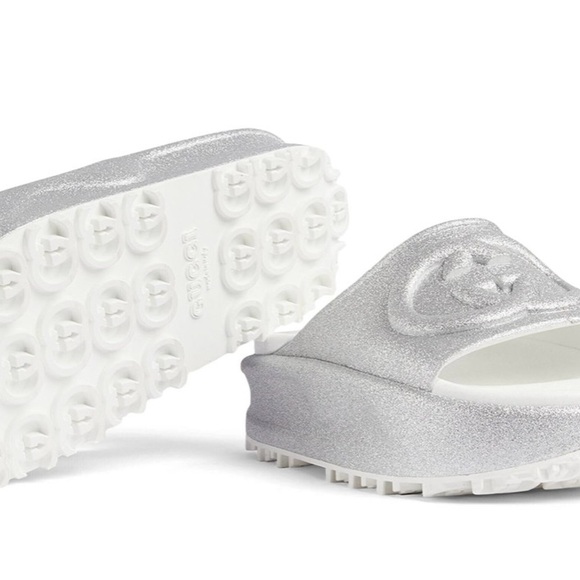 NWT! GUCCI silver glitter interlocking GG logo platform slide - 6 - Picture 3 of 13